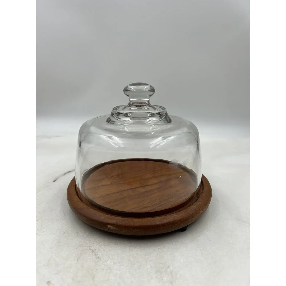 Dolphin Teakwood Cheese Dome Glass Cloche Server Mid Century Modern Wood
